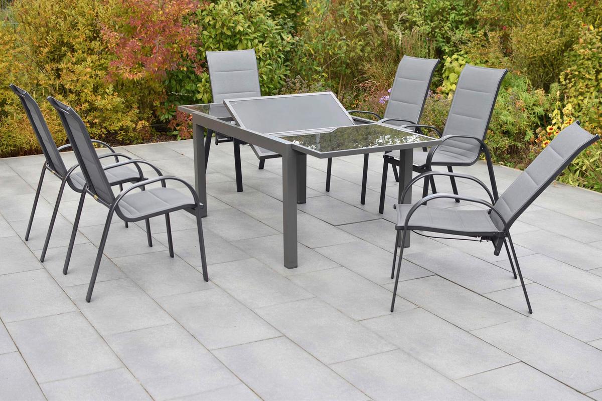 Gartentischgruppe Amalfi 7 -Teilig. Graphitfarben/Grau - Graphitfarben/Grau, KONVENTIONELL, Glas/Textil - Gardenson