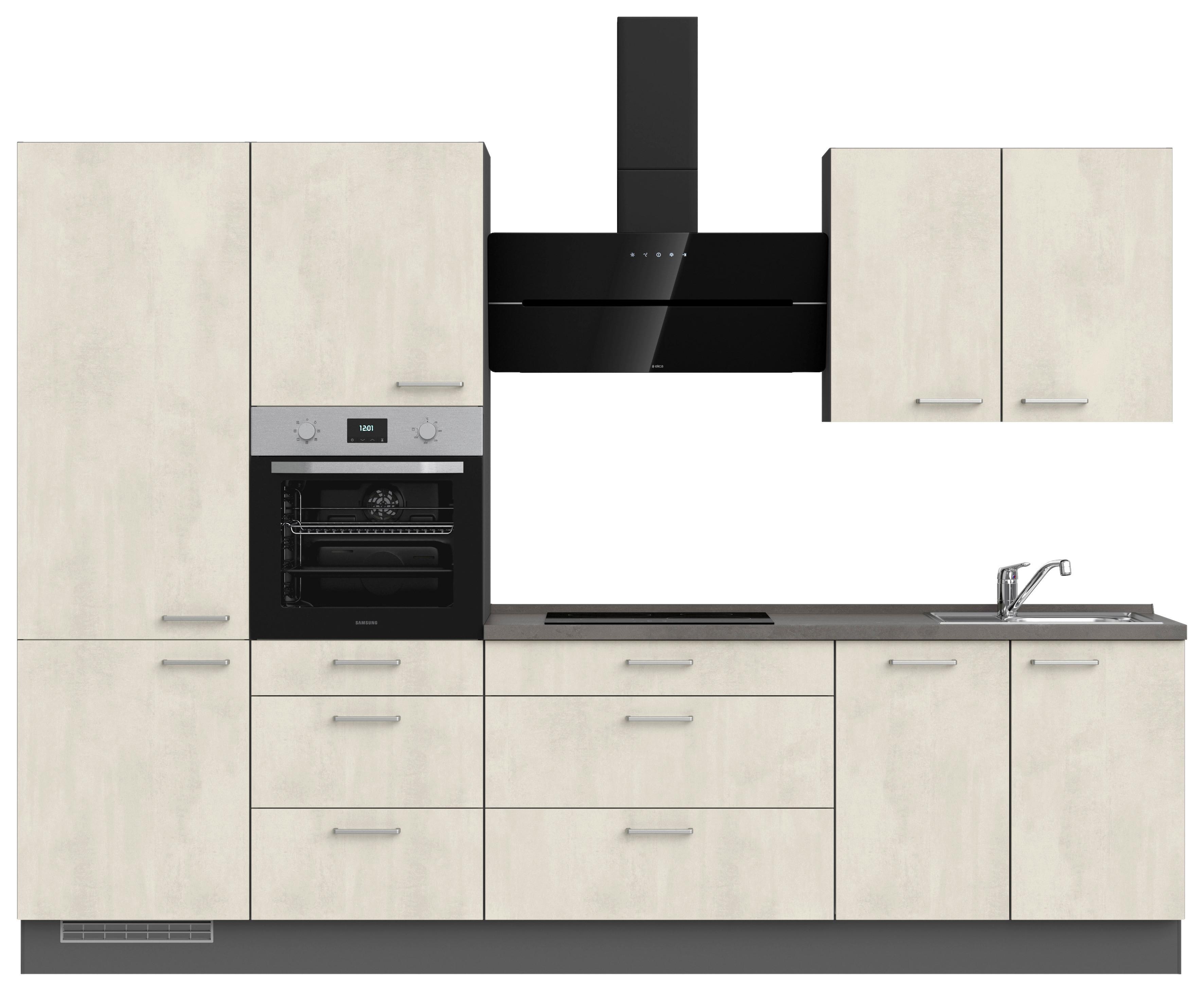 Kuchynská linka 300CM biely betón/ bridlicová šedá - biela/farba ušľachtilej ocele, Modern, kov/kompozitné drevo (300cm) - Nobilia