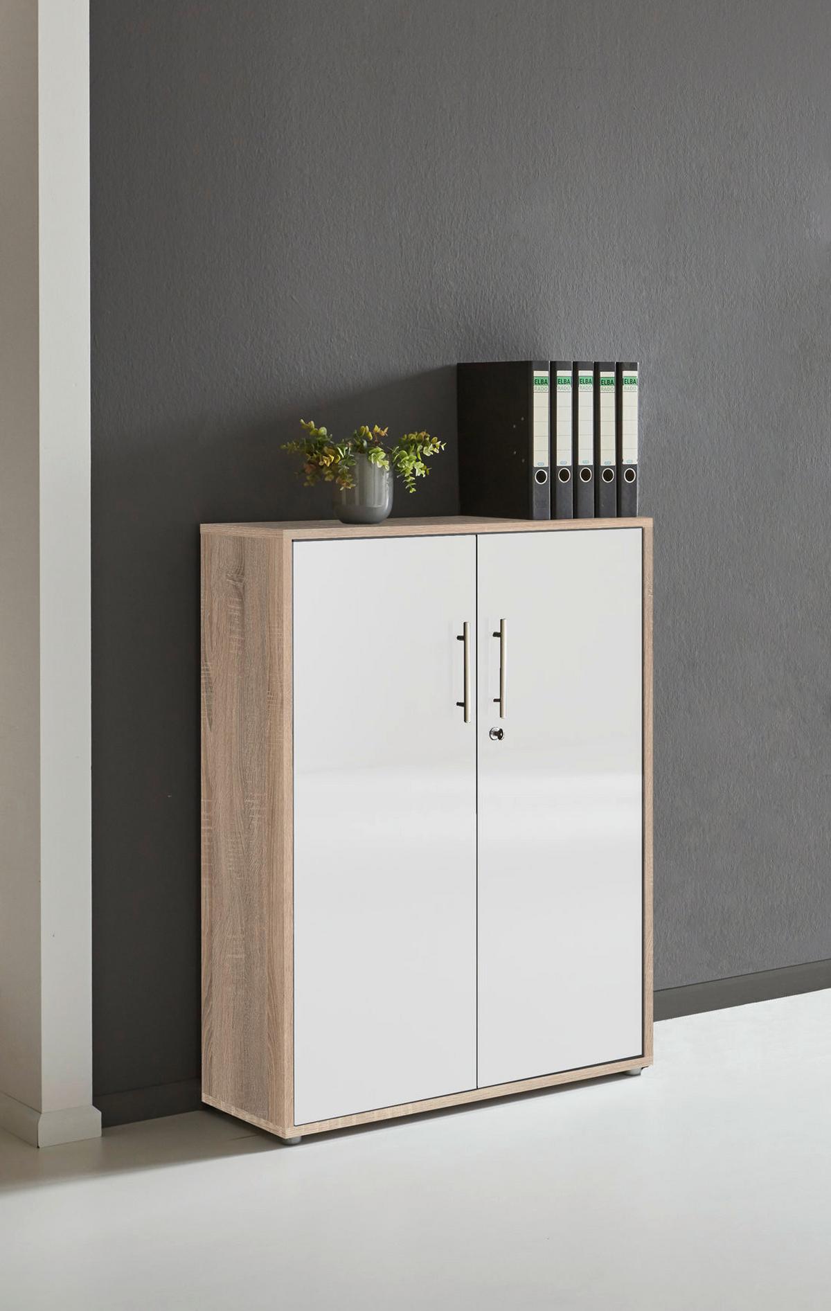 Aktenschrank Office Edition Weiß Hg/eiche Dekor B: 84,4cm - Weiß Hochglanz/Sonoma Eiche, MODERN, Holzwerkstoff (84,4/113,6/33cm) - MID.YOU