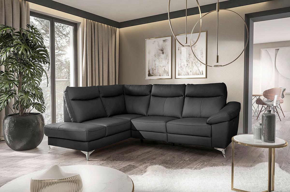 Ecksofa Luna Teilleder Schwarz 194x242 - Chromfarben/Schwarz, Design, Leder/Textil (194/242cm) - Livetastic