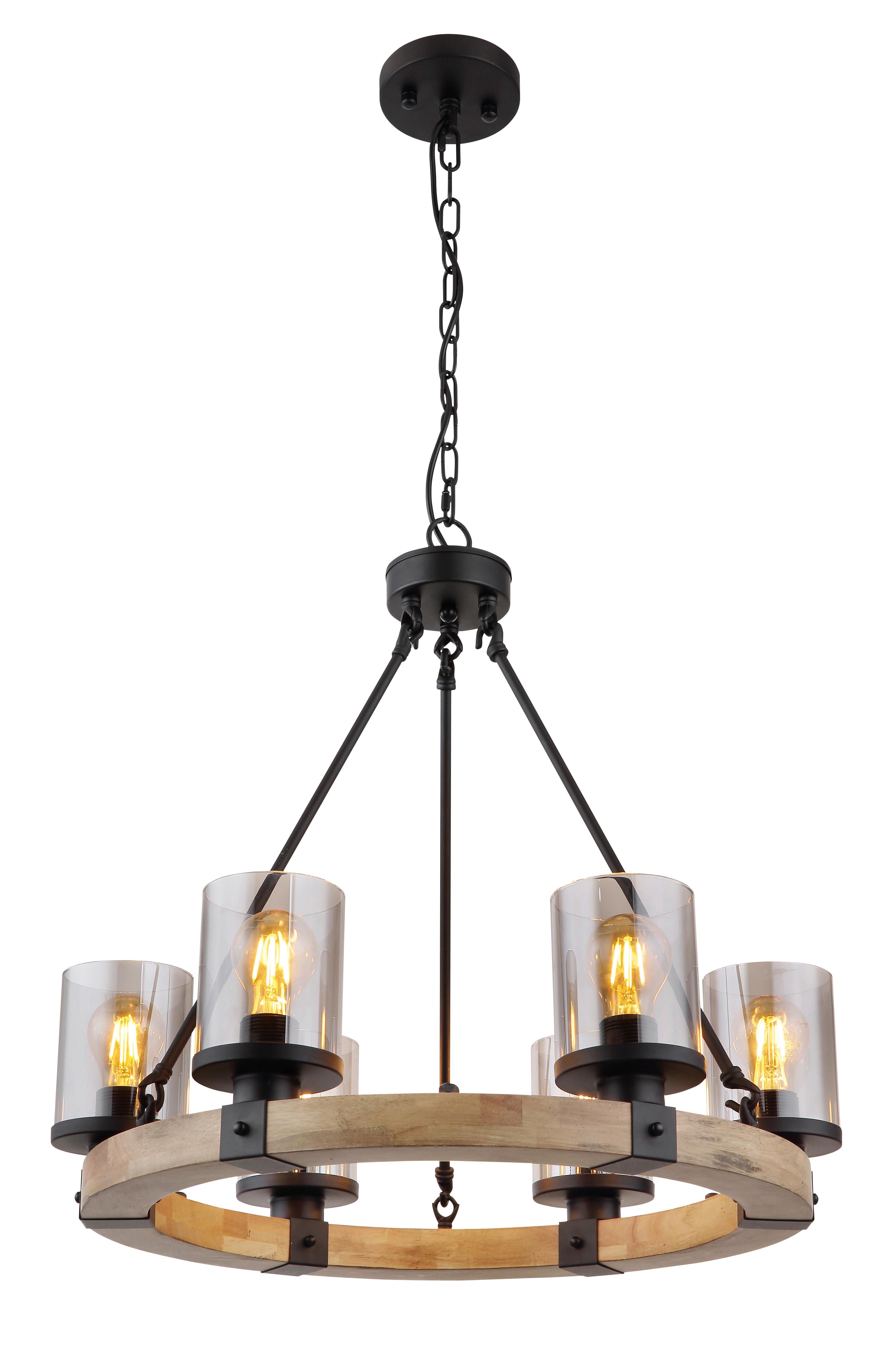 Hängeleuchte 15555-6h - Dunkelbraun/Schwarz, Natur, Glas/Holz (59/98cm) - Globo