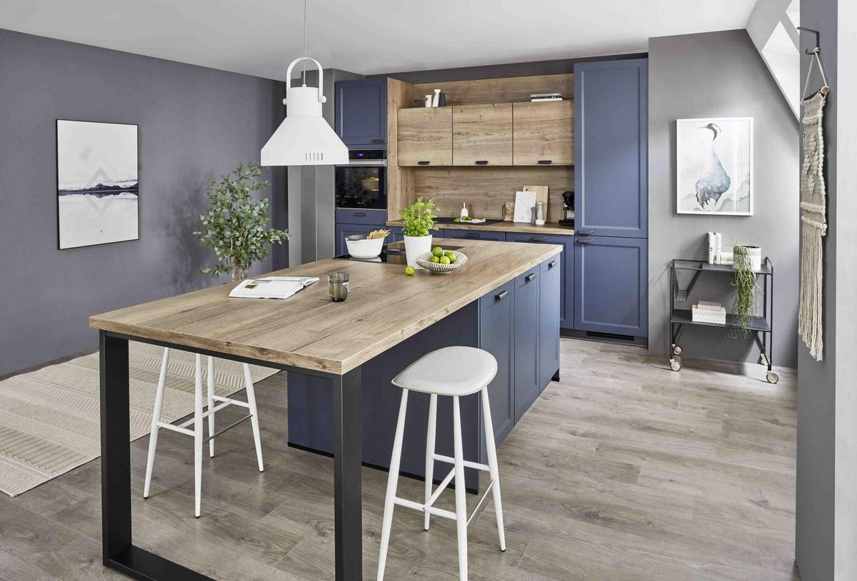 Einbauküche Columbia Frei Planbar Landhausstil - Blau/Eichefarben, MODERN, Holzwerkstoff - Vertico