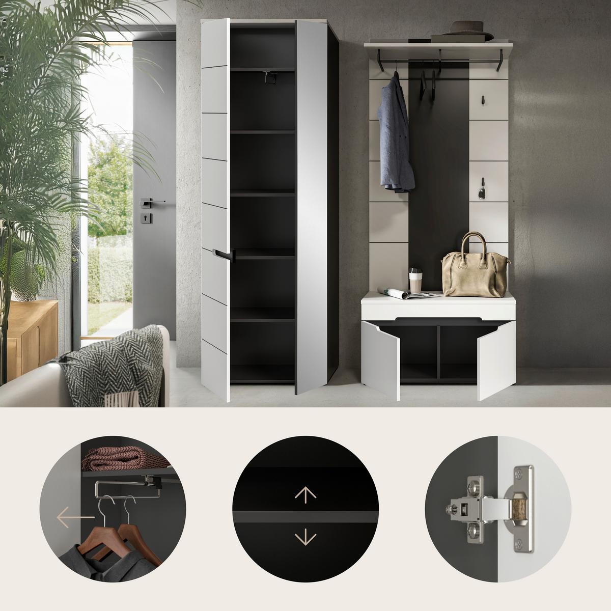 Garderobe Canu 3-Teilig Grau/Weiß B: 160 cm - Weiß/Grau, Basics, Holzwerkstoff (160/190/37cm) - Livetastic