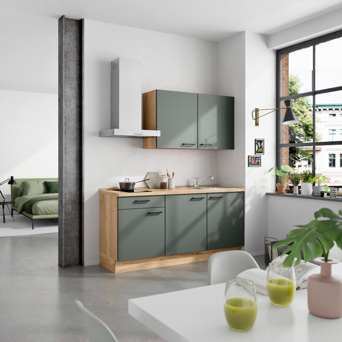 Küchenleerblock Easytouch Low-Line, L1 Links - Dunkelgrün/Eichefarben, MODERN, Holzwerkstoff (180cm) - Nobilia