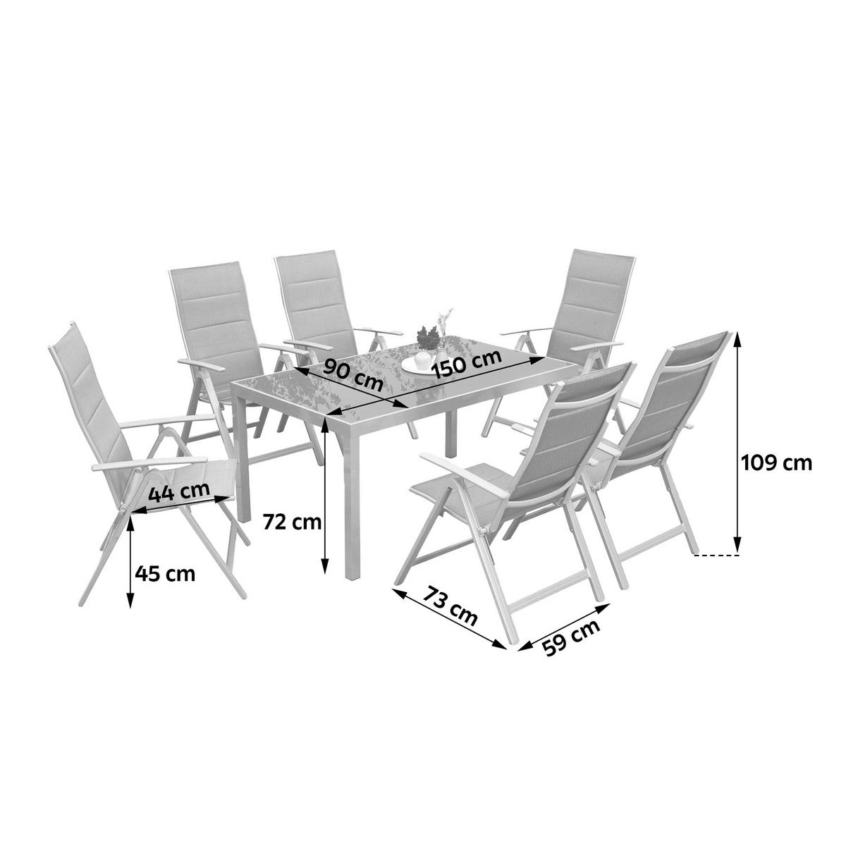 Gartenmöbel Set 7-Tlg. Taviano Metall/Textil/Glas - Silberfarben/Braun, ROMANTIK / LANDHAUS, Glas/Textil - Gardenson