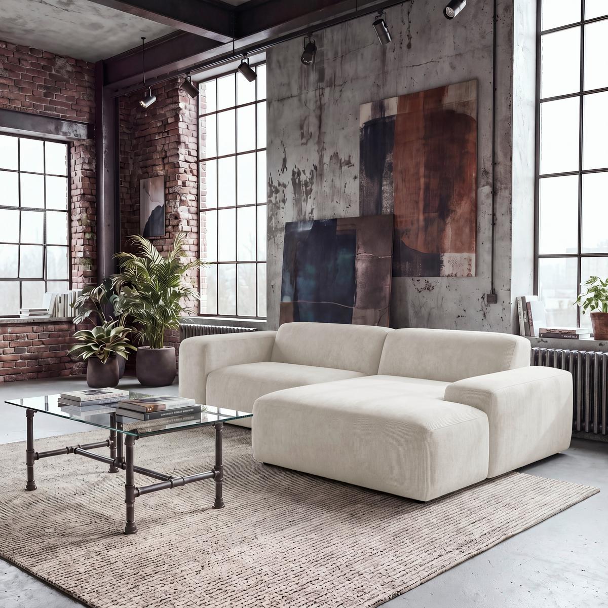ECKSOFA Hannah Creme 252x170 cm - Creme/Schwarz, Design, Textil (252/170cm) - MID.YOU