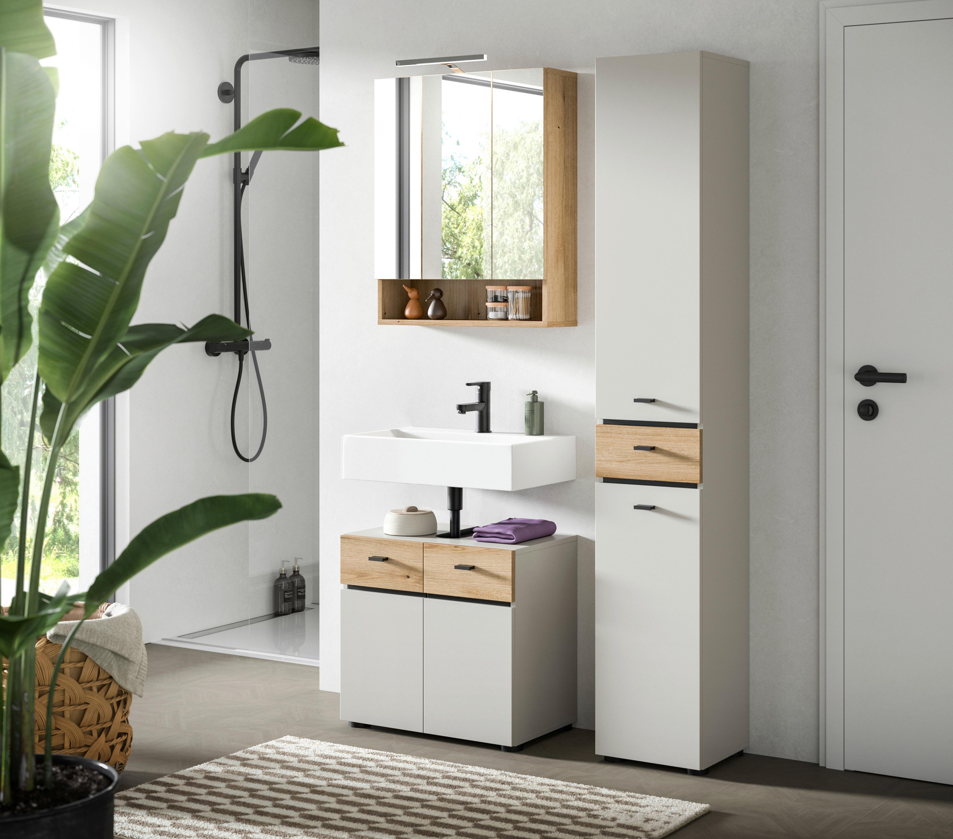 Badezimmer Aqua Kaschmir/Eichefarben B: 92cm - Kaschmir/Eichefarben, Trend, Glas/Holzwerkstoff (92cm) - MID.YOU