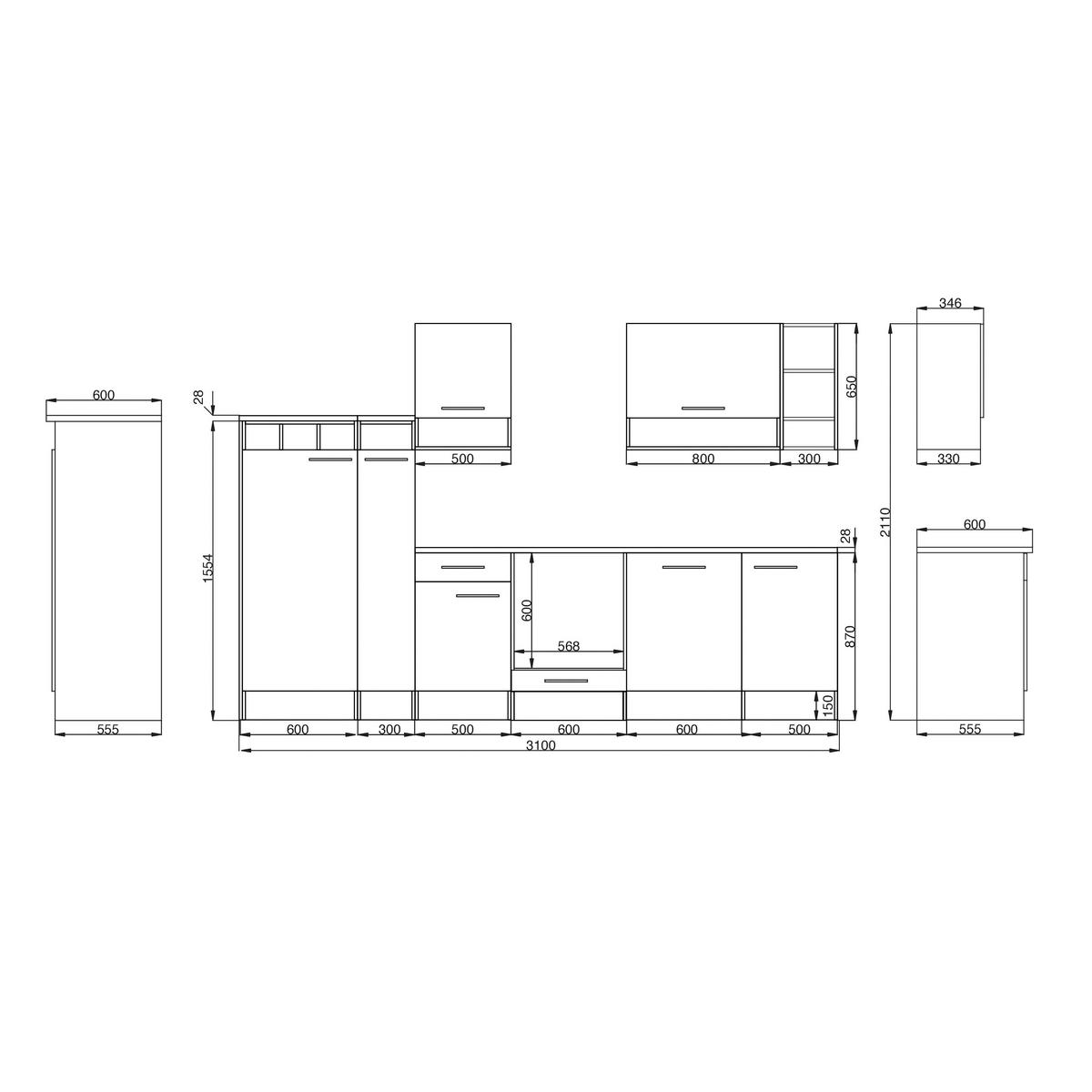 Küchenzeile ohne Geräte B: 310 cm Weiß/Wildeiche Dekor - Wildeiche/Weiß, Basics, Holzwerkstoff (310/205/60cm) - Respekta