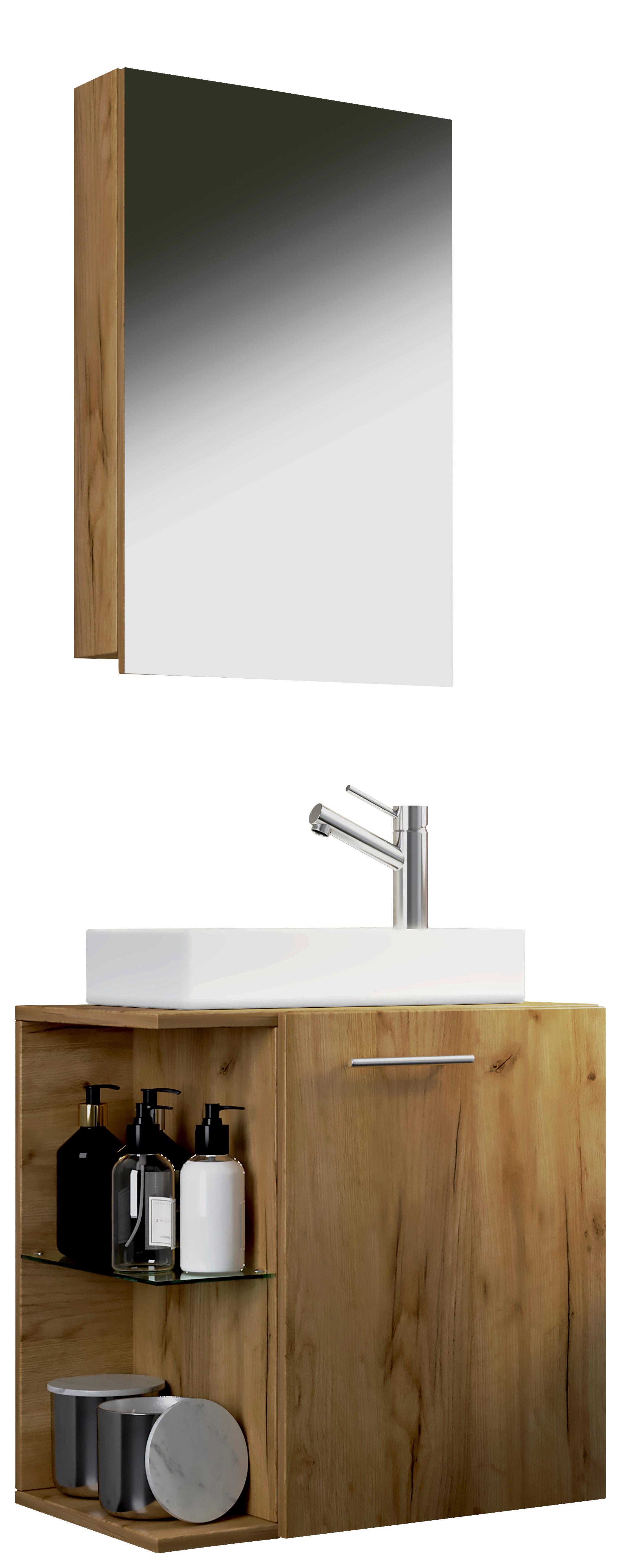 Badmöbel-Set 3-Tlg. Hängend Hausa B: 63cm Weiß/Eiche Dekor - Honigeiche/Weiß, MODERN, Keramik/Holzwerkstoff (52cm) - MID.YOU