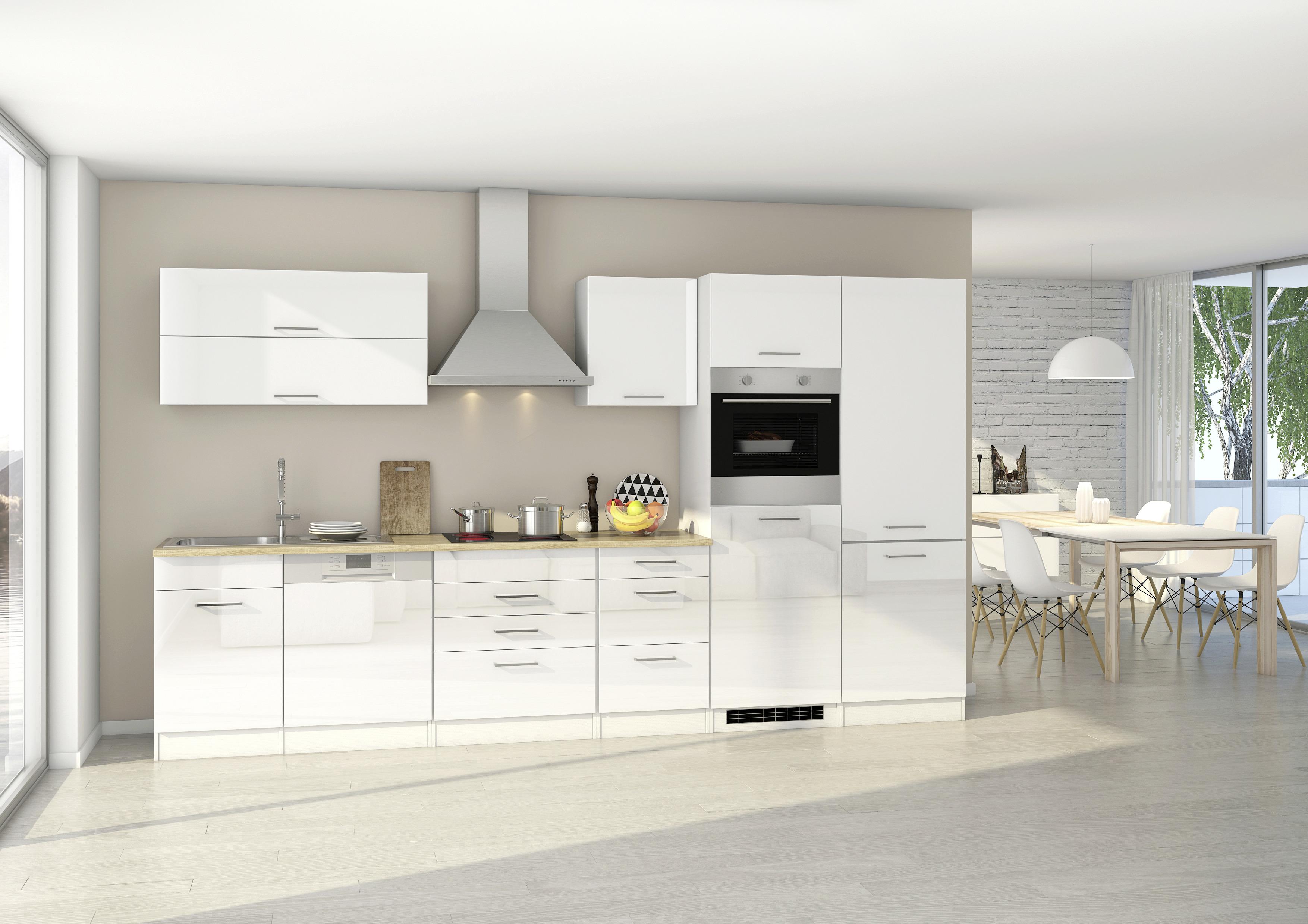 Küchenzeile Mailand mit Geräten 360 cm Weiß Hochglanz - Weiß, MODERN, Holzwerkstoff (360cm) - MID.YOU