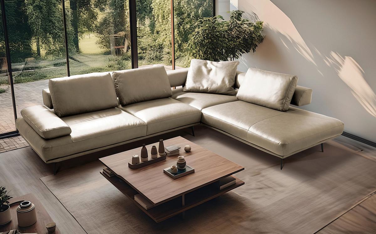 Ecksofa Como Echtleder Creme 306x237 - Creme/Schwarz, Design, Leder (306/237cm) - Livetastic