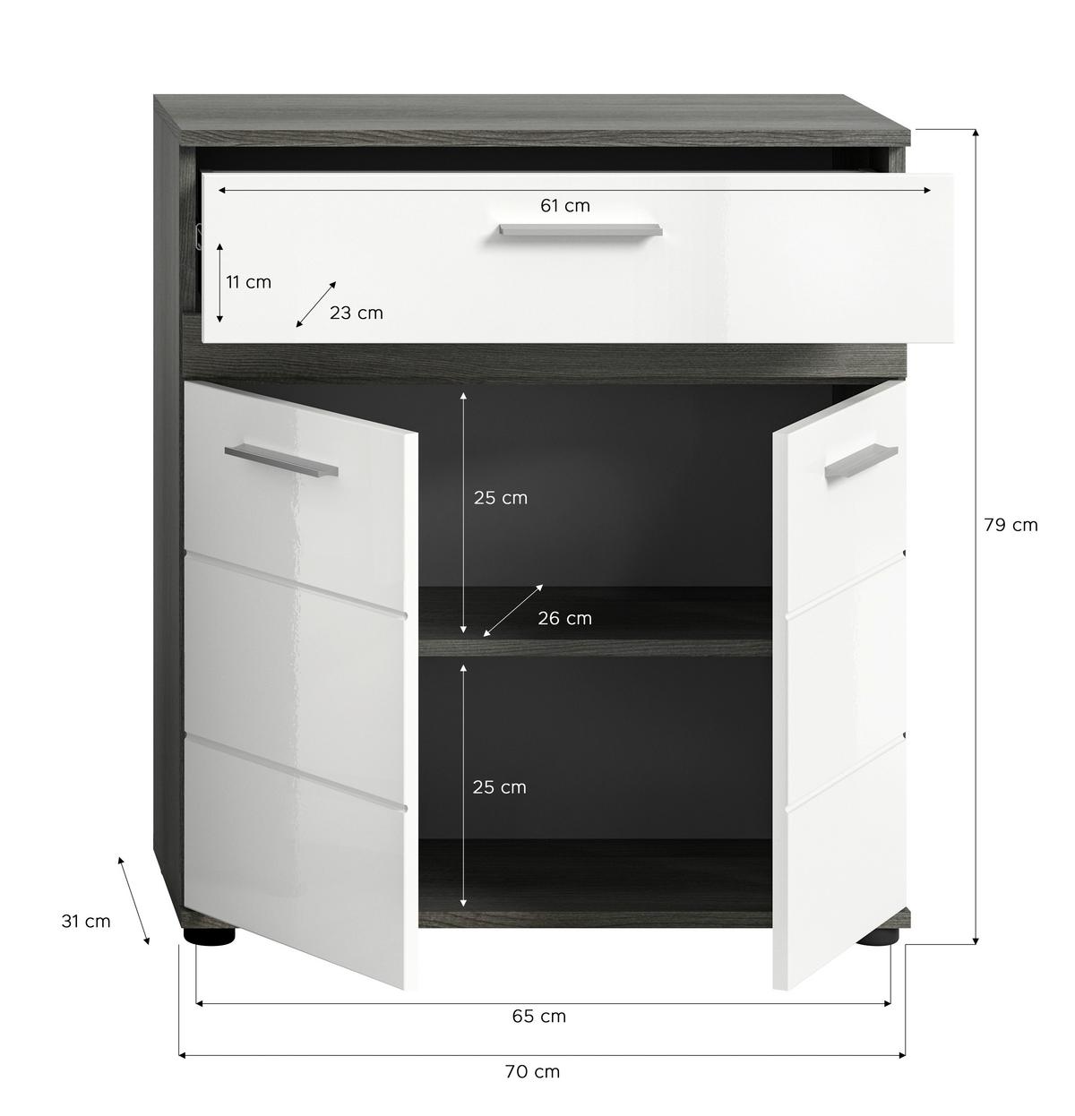 Midischrank Blake Weiß/Rauchsilber B: 70 cm - Weiß Hochglanz/Schwarz, MODERN, Holzwerkstoff (70/79/31cm) - MID.YOU