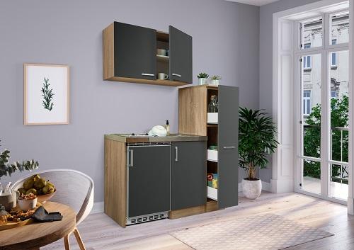 Miniküche mit Kühlschrank + Kochfeld 130 cm Grau/Eiche - Eichefarben/Grau, MODERN, Holzwerkstoff/Metall (130cm) - Respekta