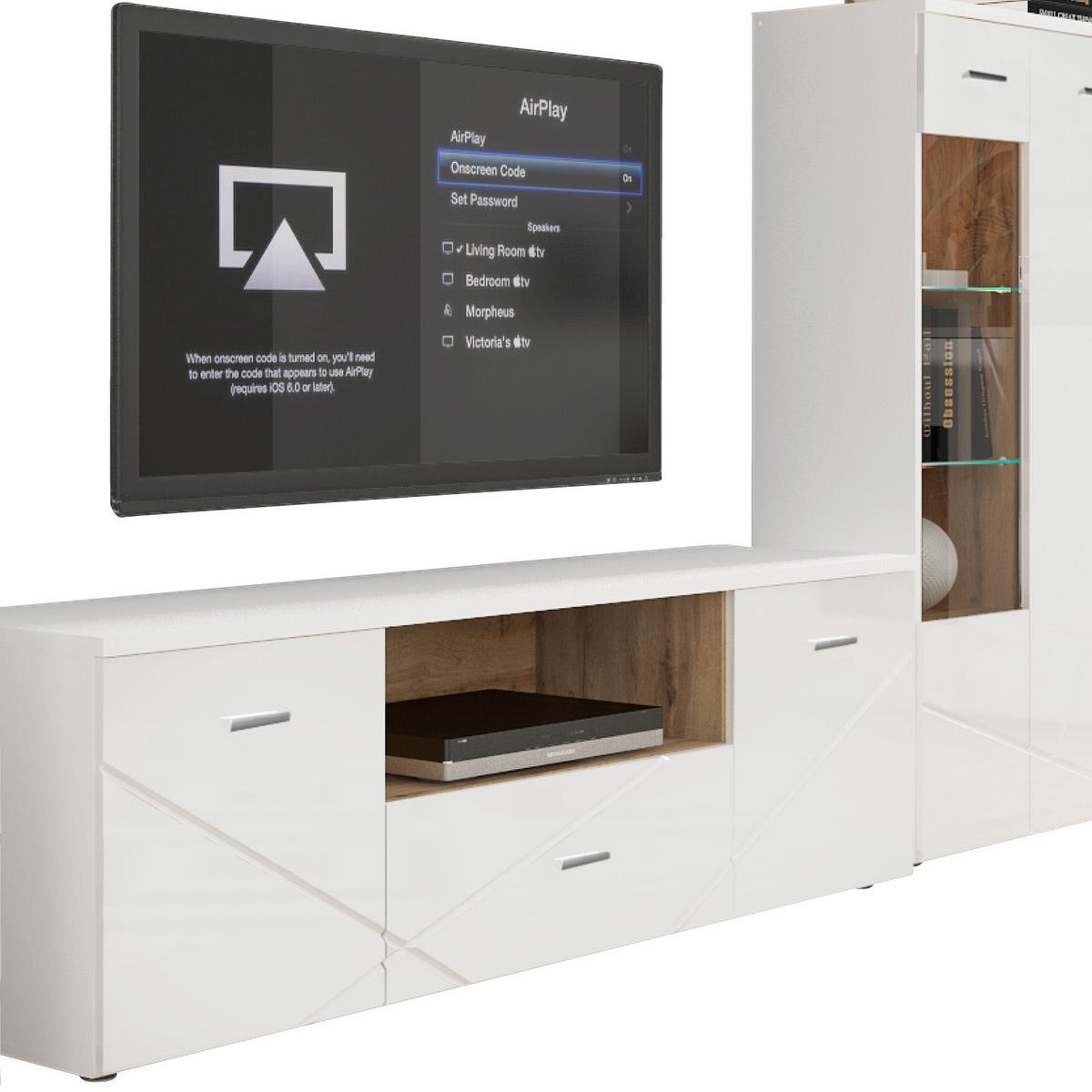 Wohnwand Modern 4 Tlg. Mit Led Storm, Weiß - Eichefarben/Schwarz, MODERN, Glas/Holzwerkstoff (340/196/40cm) - MID.YOU