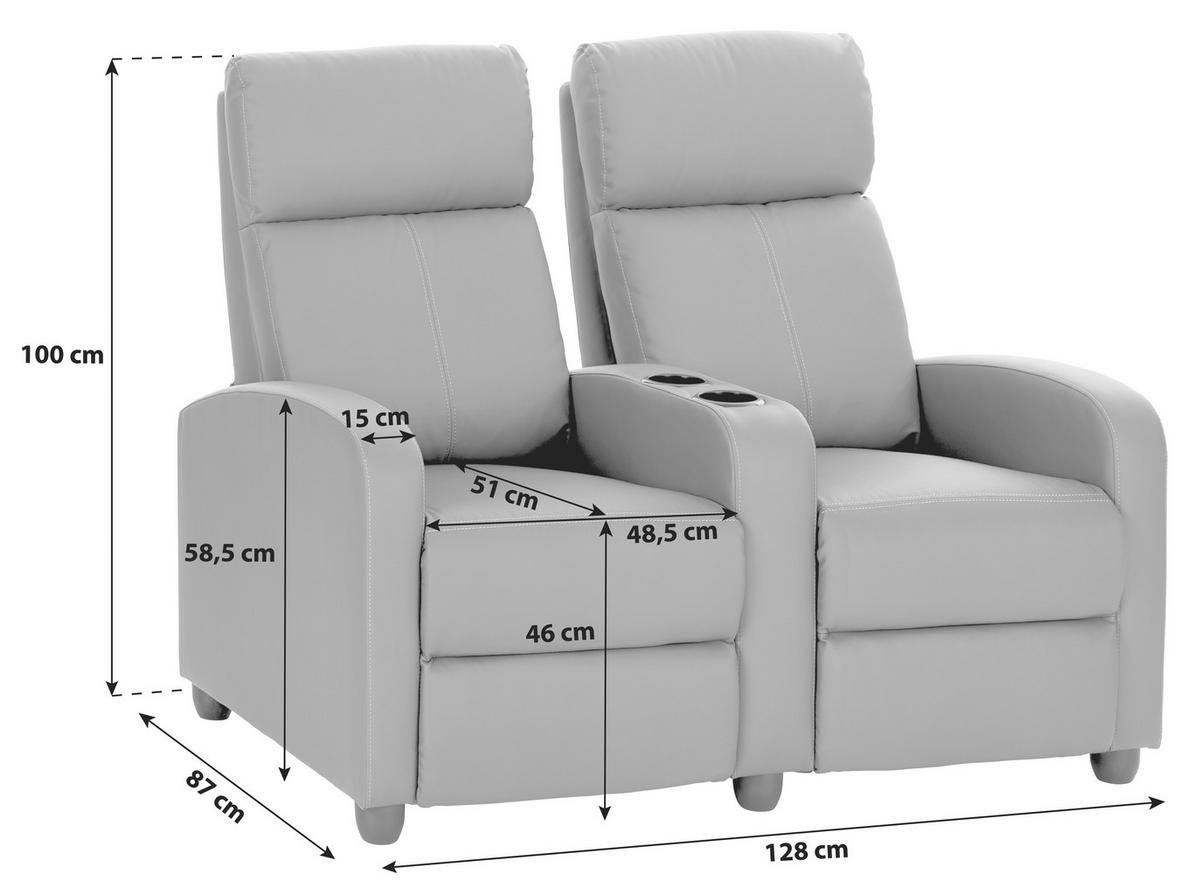 Heimkino-Sofa mit Relaxfunktion Movie Lederlook Grau - Schwarz/Grau, KONVENTIONELL, Textil (128/100/87cm) - MID.YOU