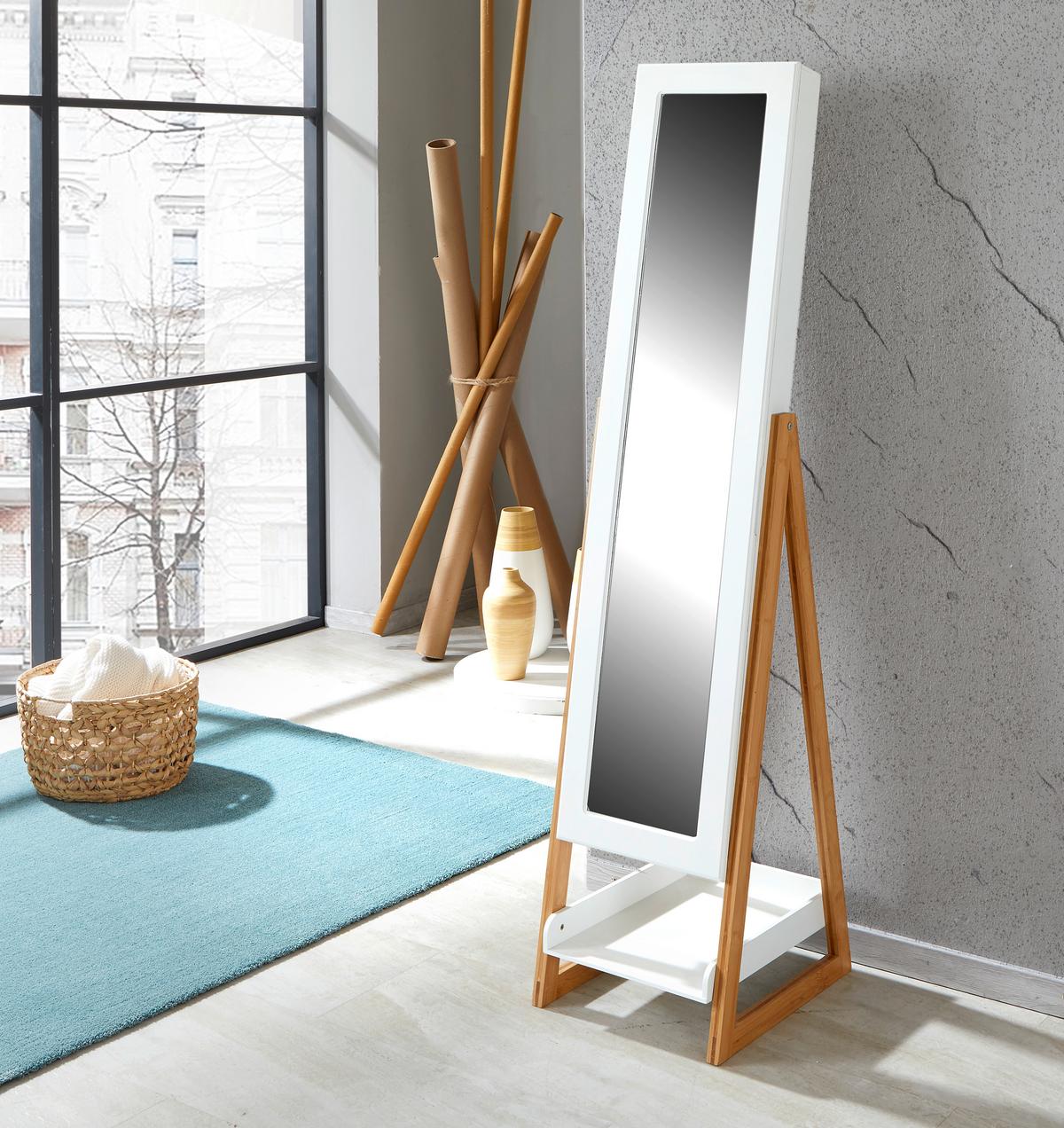 Schmuckschrank Levi Weiß H: 142 cm Stehend, Spiegel - Naturfarben/Weiß, MODERN, Glas/Holz (40/142/33cm) - MID.YOU