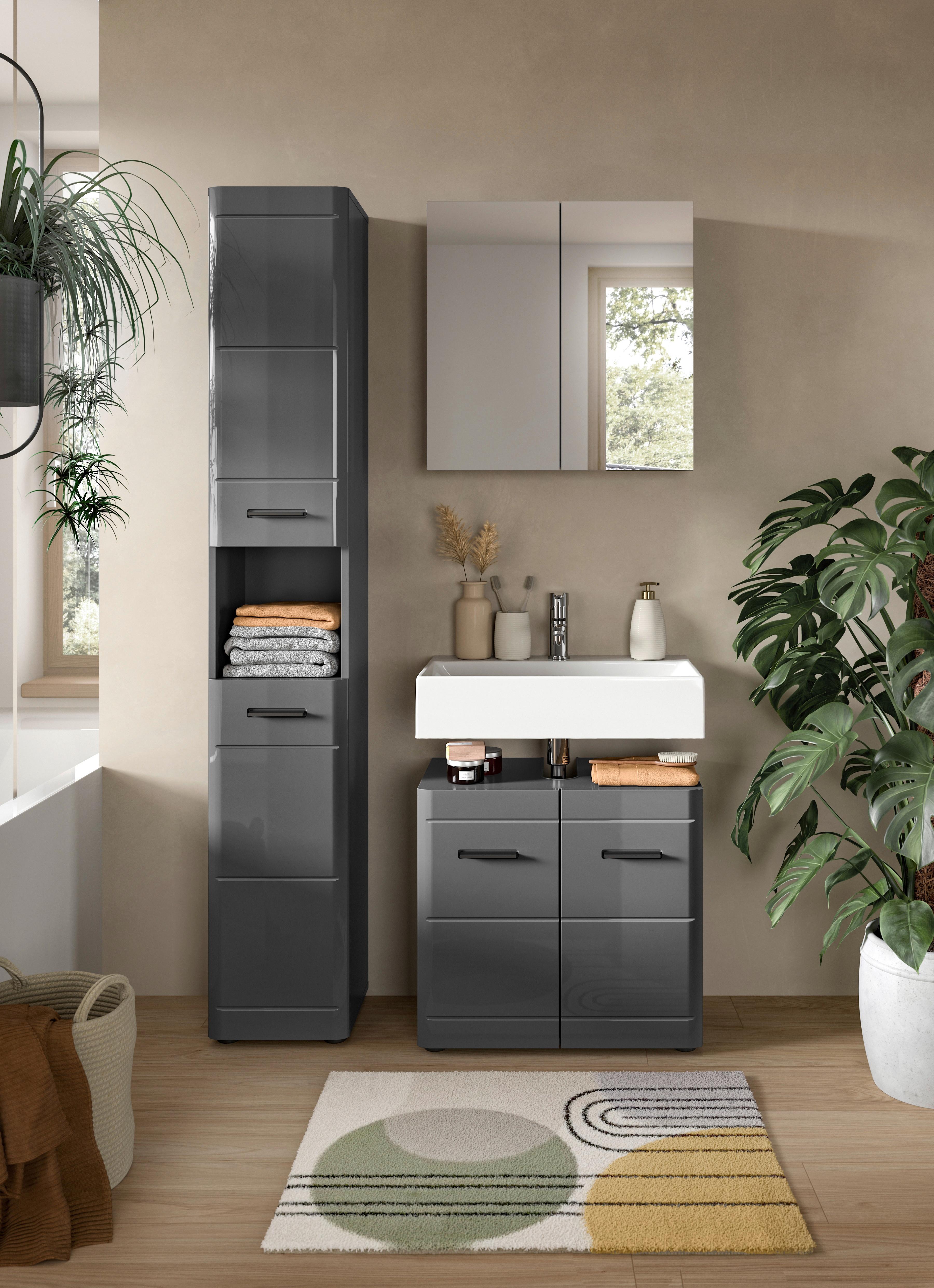 Badezimmer Soft Grau Hg B: 90 cm - Grau Hochglanz/Schwarz, MODERN, Holzwerkstoff (90cm) - MID.YOU