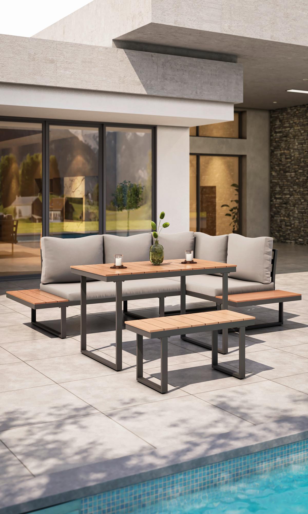 Loungegarnitur 4-tlg Aarhus Metall/holz Mit Kissen - Schwarz/Naturfarben, MODERN, Kunststoff/Textil (146/216cm) - Beldano
