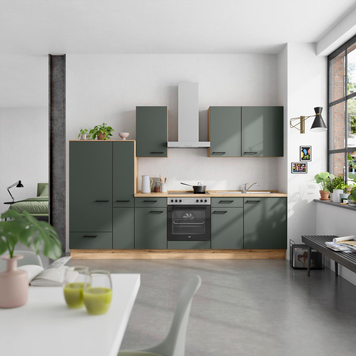 Küchenleerblock Easytouch Low-Line, L7 Links - Dunkelgrün/Eichefarben, MODERN, Holzwerkstoff (300cm) - Nobilia