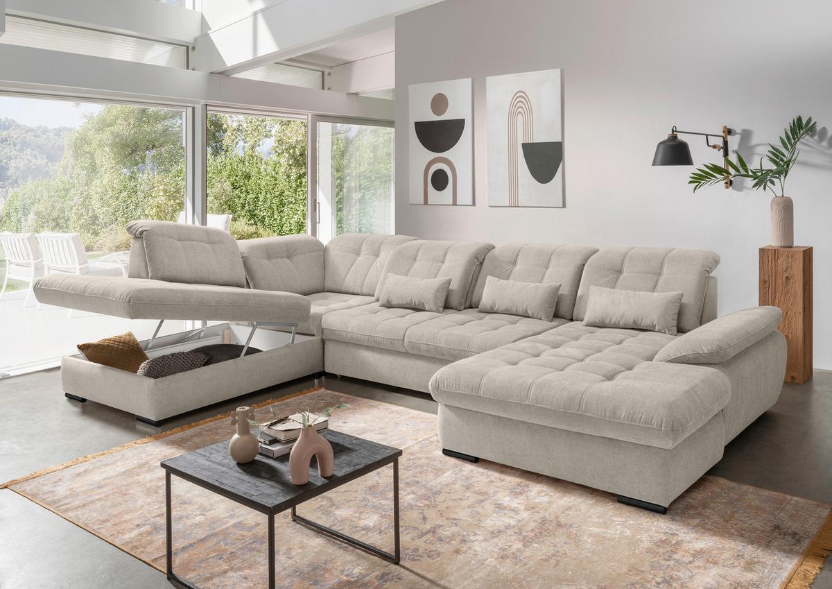 Wohnlandschaft Mit Bettkasten Rigatti Beige B: 387 Cm - Beige/Schwarz, MODERN, Textil (252/387/184cm) - Livetastic