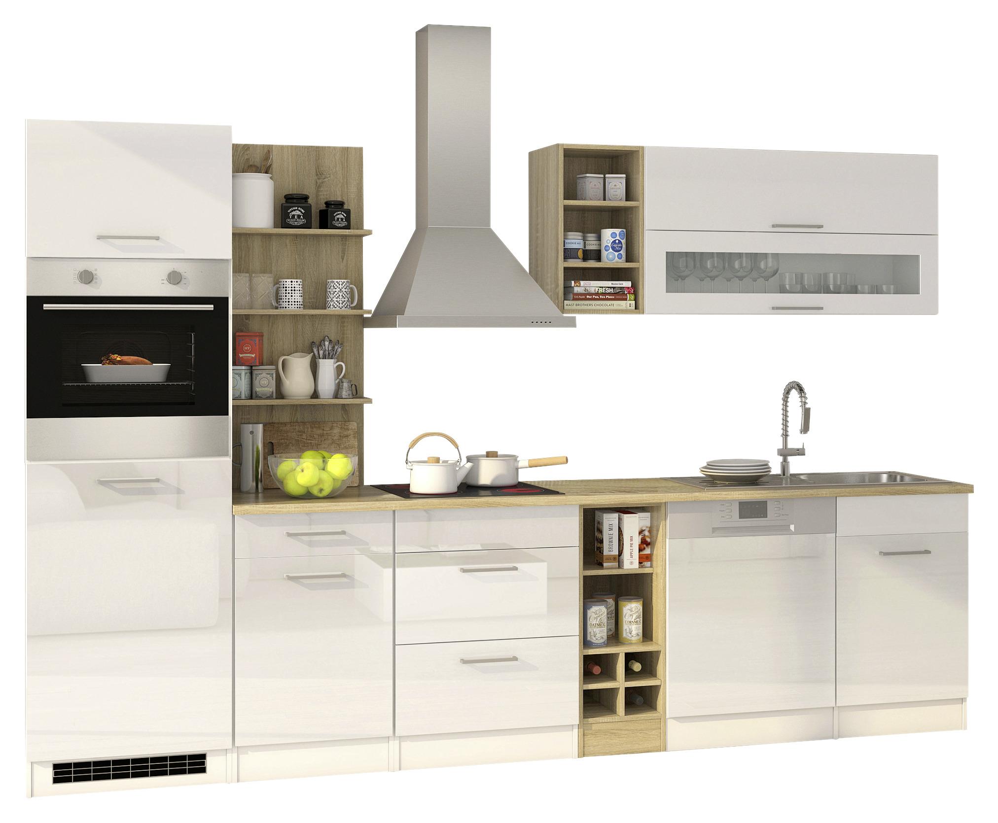 Küchenzeile Mailand mit Geräten 310 cm Weiß Elegant - Weiß Hochglanz/Eichefarben, MODERN, Holzwerkstoff (310cm) - Held