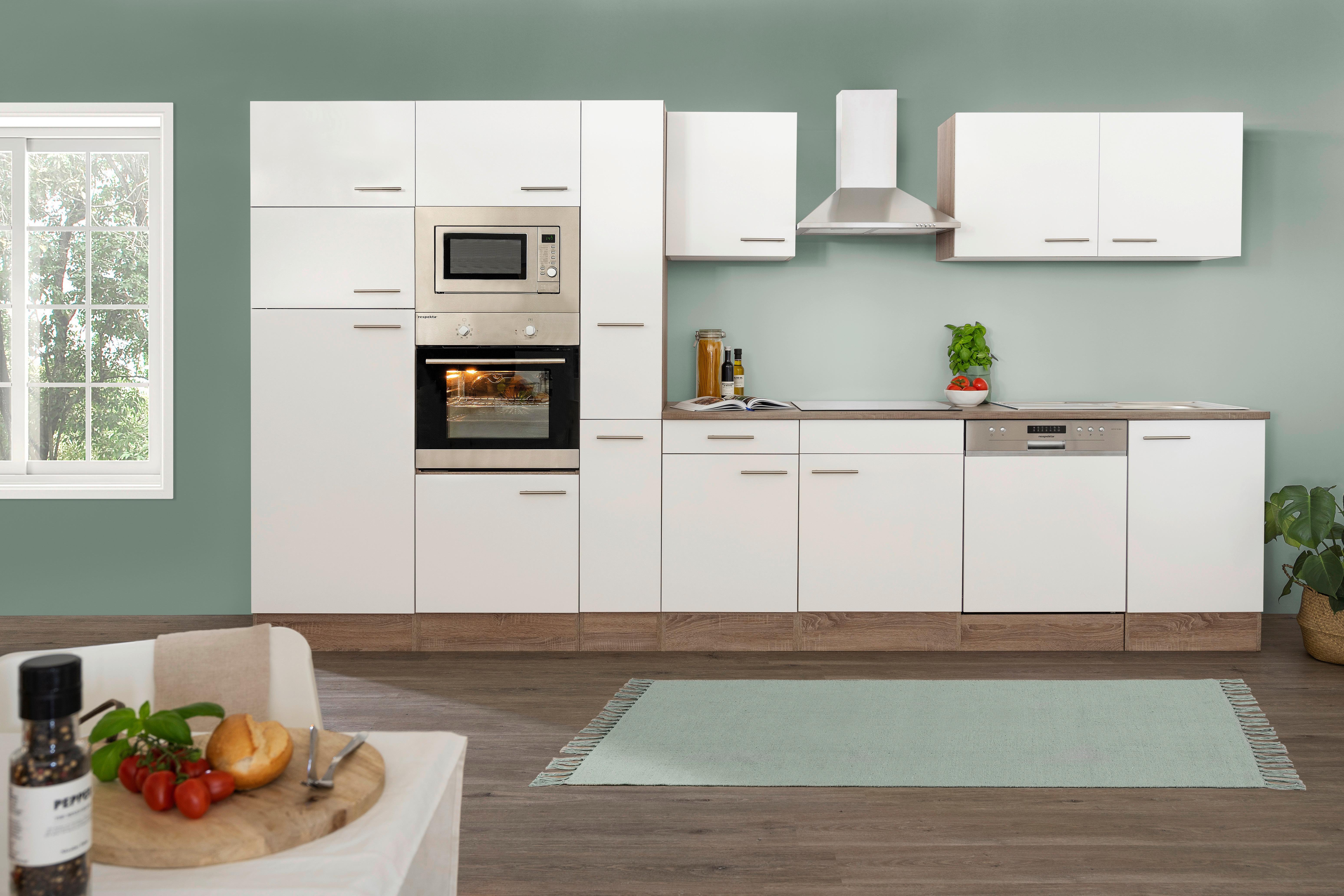 Küchenzeile mit Geräten B: 370 cm Weiß/Eiche Dekor - Eichefarben/Weiß, MODERN, Holzwerkstoff (370cm) - Respekta