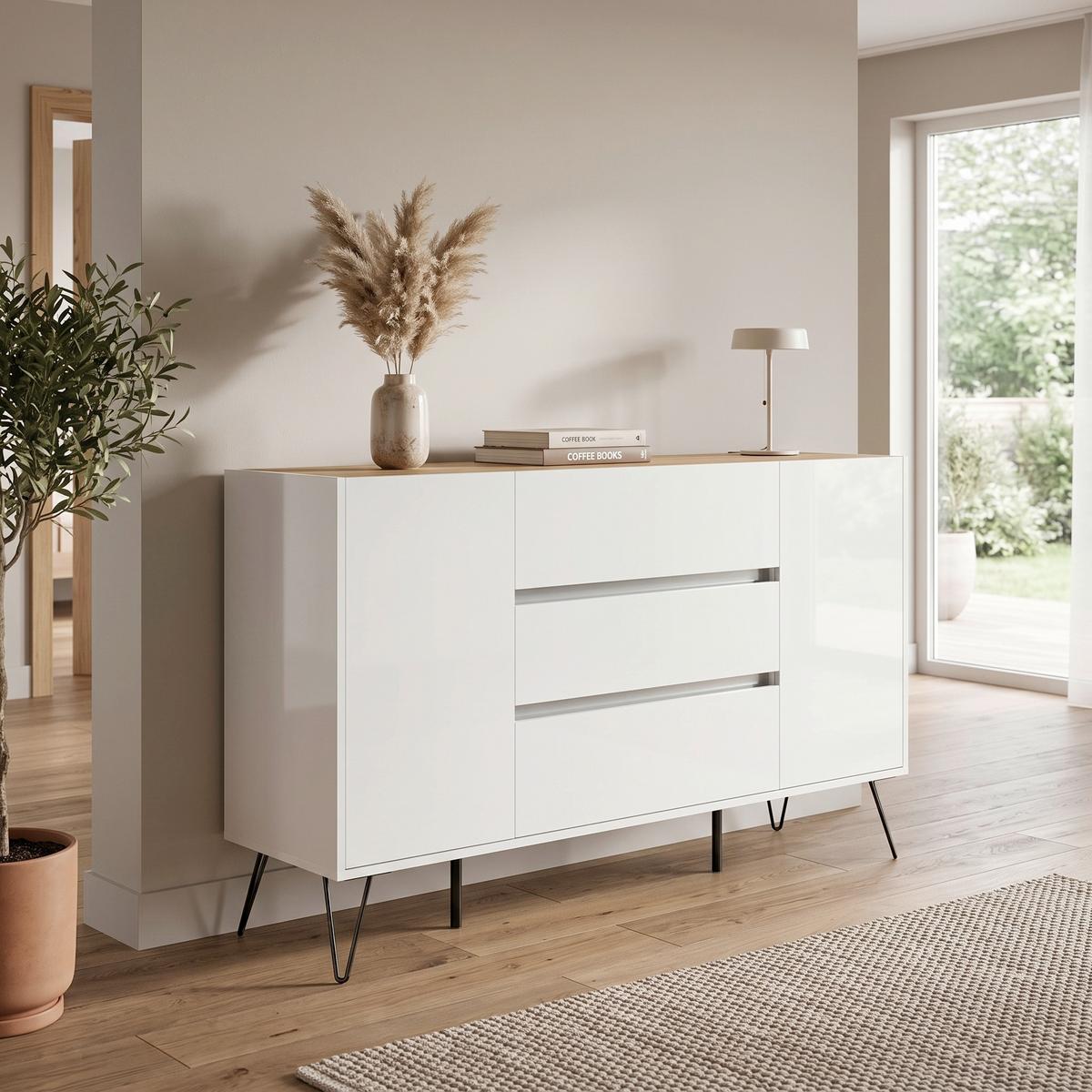 Sideboard Posseik Industrial Eichefarben/Weiß B: 155 cm - Weiß Hochglanz/Eichefarben, Design, Holzwerkstoff (155/93,6/42cm) - MID.YOU