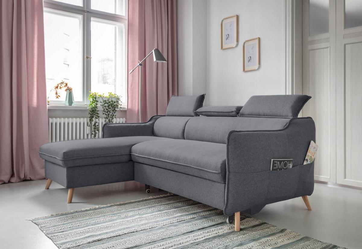 Rozkladacia sedačka Simone, ľavé prevedenie - sivá/prírodná farba, Modern, drevo/textil (228/82/95/162cm)