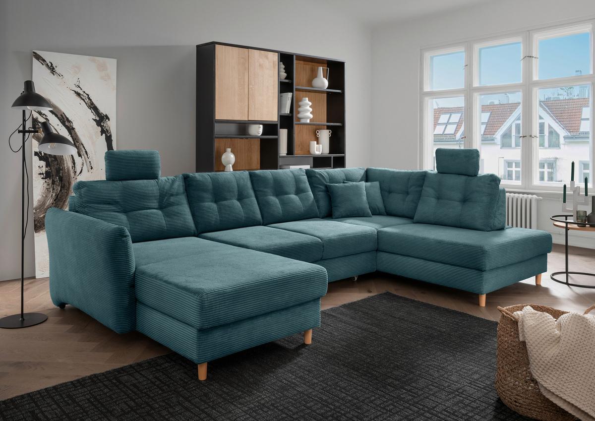 Wohnlandschaft Brizzini Mit Schlaffunktion, Petrol - Petrol/Naturfarben, MODERN, Textil (176/338-352/206cm) - Livetastic