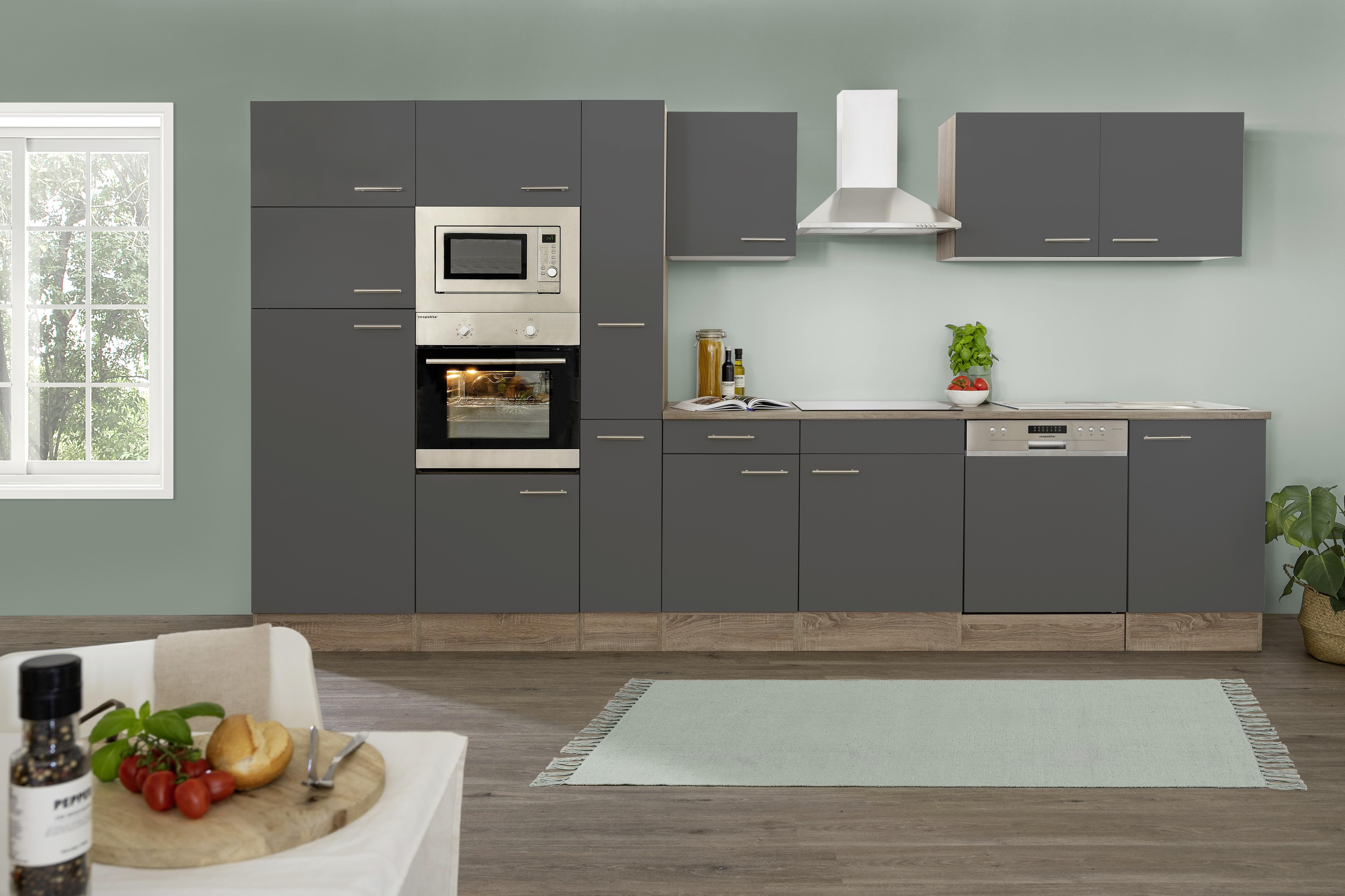 Küchenzeile mit Geräten B: 370 cm Grau/Eiche Dekor - Eichefarben/Grau, MODERN, Holzwerkstoff (370cm) - Respekta
