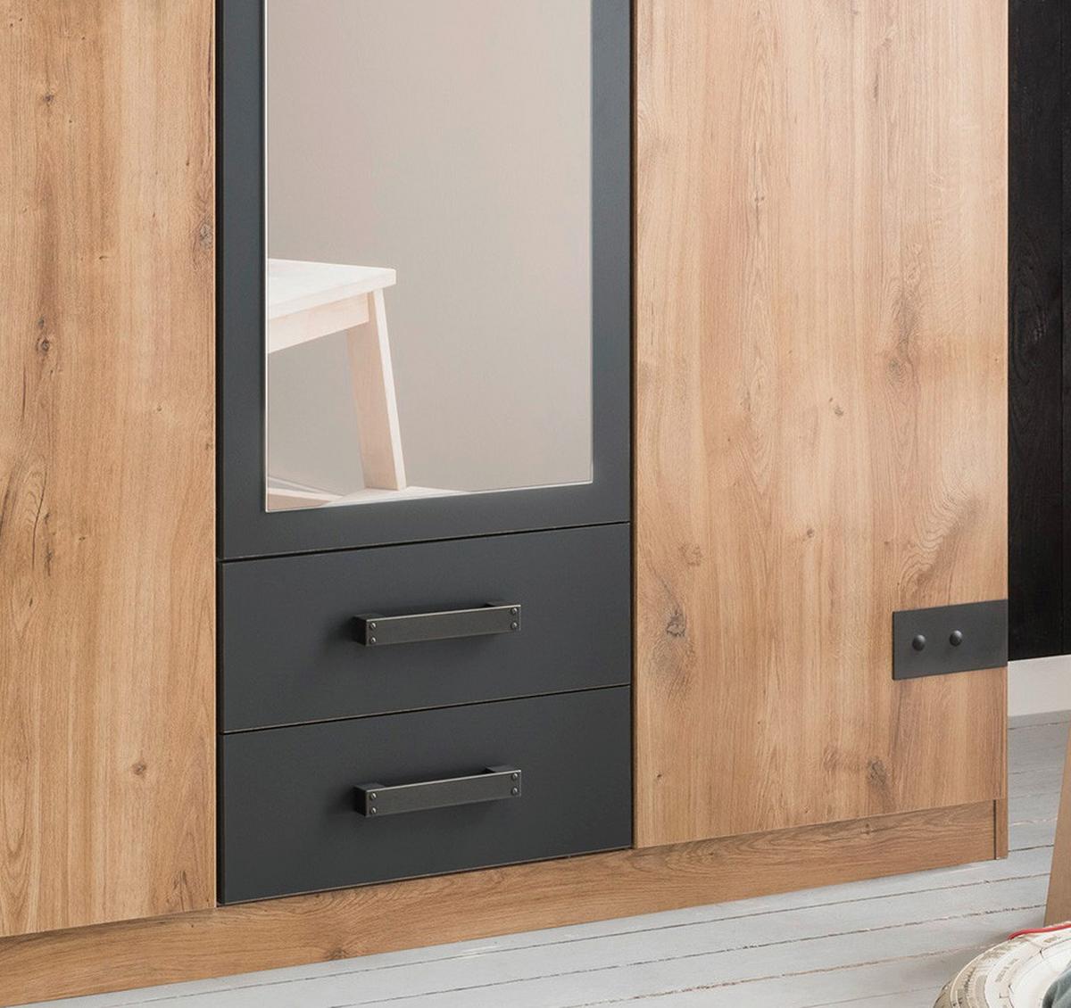 Drehtürenschrank M. Spiegel 135cm Liverpool, Eiche Dekor - Eichefarben/Graphitfarben, KONVENTIONELL, Holzwerkstoff (135/198/58cm) - MID.YOU