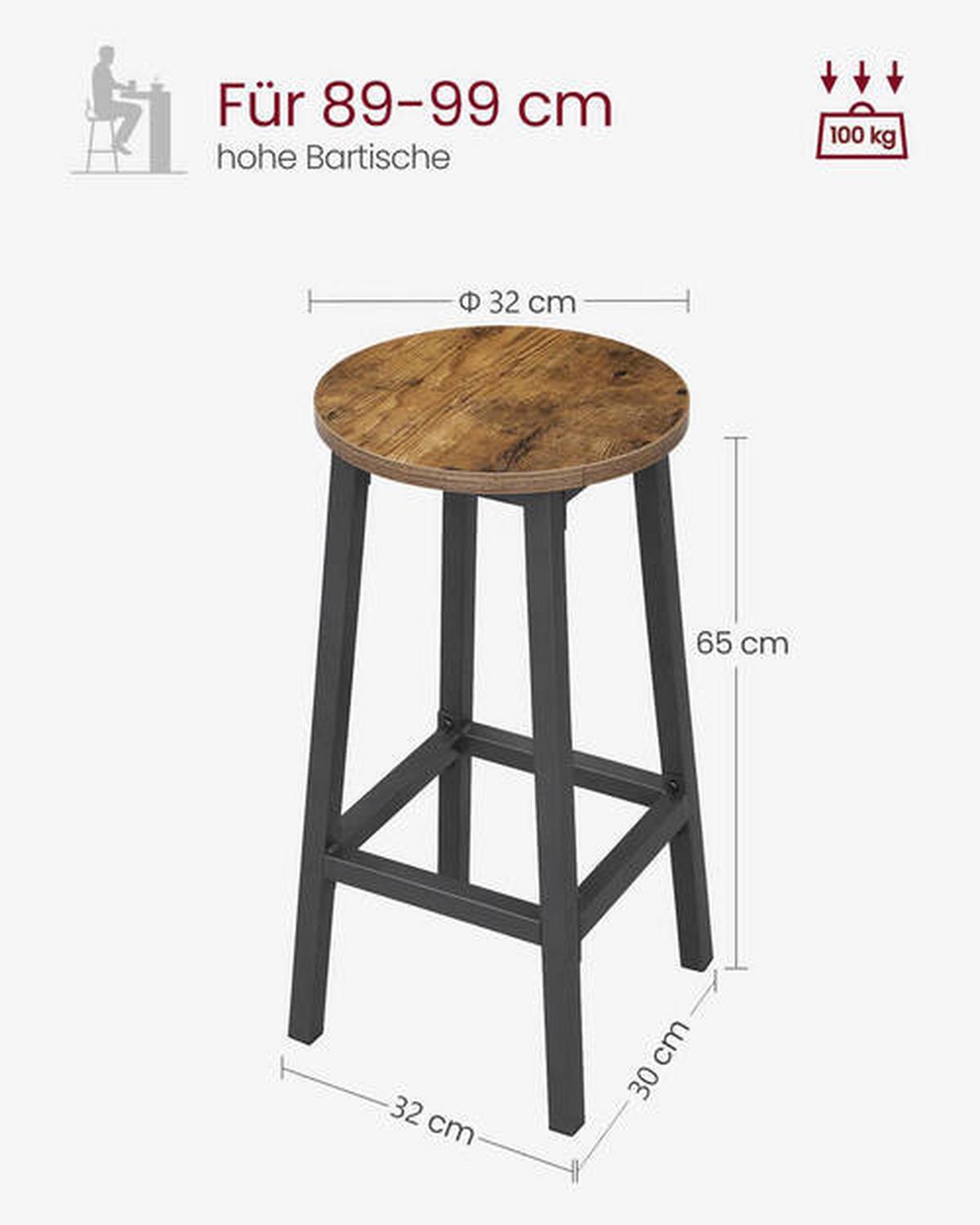 Barhocker-Set Vasagle 2-Tlg. Braun, Schwarz - Schwarz/Braun, Natur, Holzwerkstoff/Metall (32/65/30cm) - Boxxx