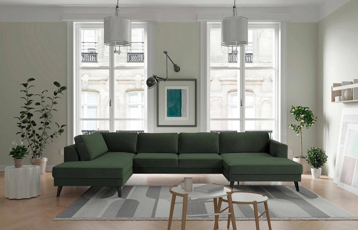 Wohnlandschaft Lumber Jack Dunkelgrün Velours - Wengefarben/Dunkelgrün, MODERN, Textil (201/348/169cm) - Trendmanufaktur