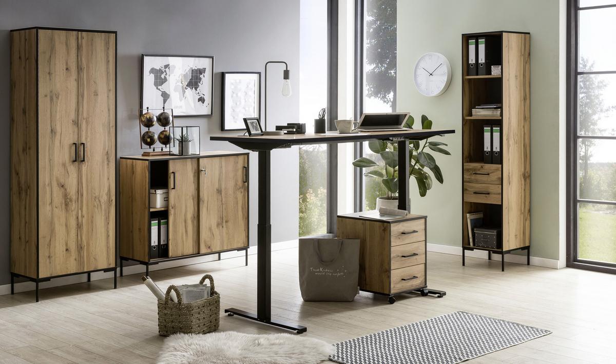 Schreibtisch B 160 H 70-120 cm Serie 2000 Eiche Dekor - Eichefarben/Schwarz, KONVENTIONELL, Holzwerkstoff/Metall (160/70,5-117/75cm) - MID.YOU