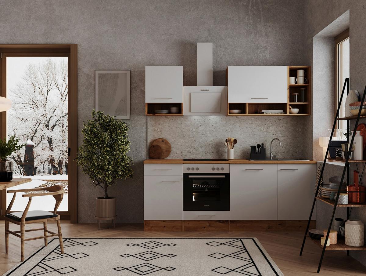 Küchenzeile mit Geräten B: 220 cm Eichefarben/Weiß - Eichefarben/Weiß, MODERN, Holzwerkstoff (220cm) - Respekta
