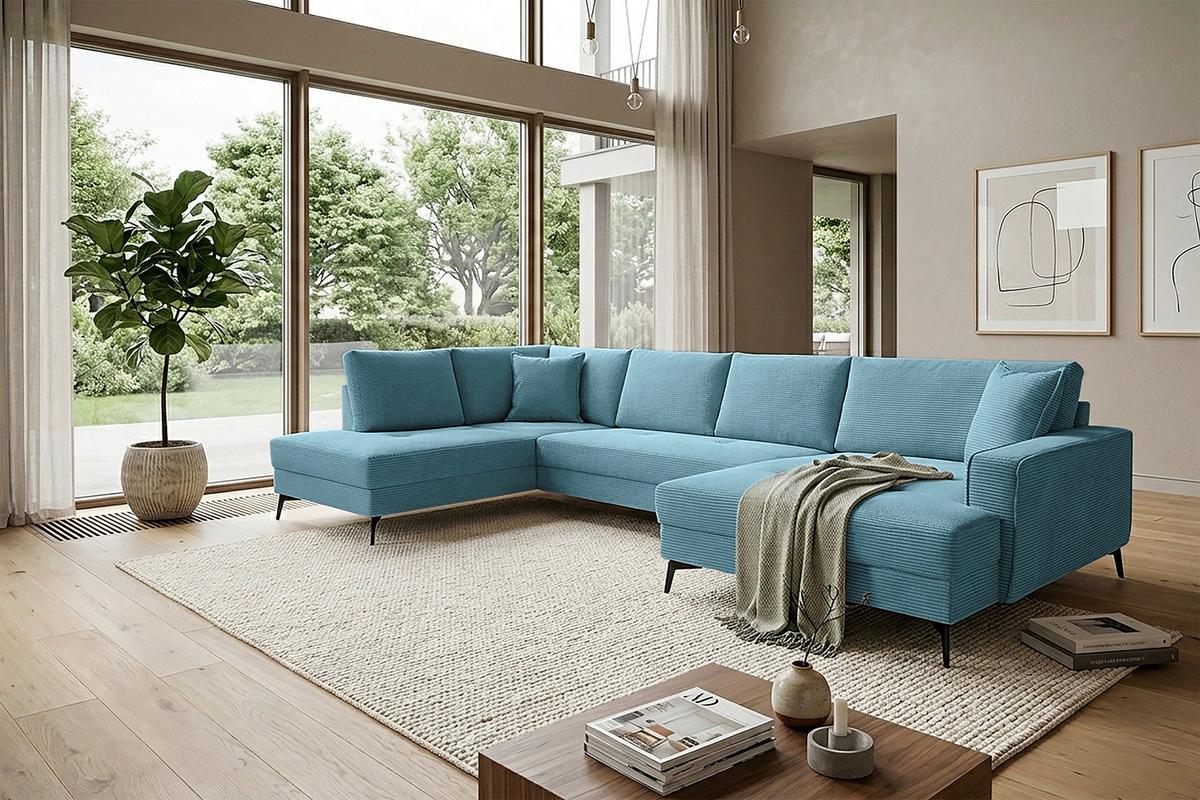 Wohnlandschaft Zero Blau U-Form 195x362x173cm - Blau/Schwarz, Trend, Textil (195/362/173cm)