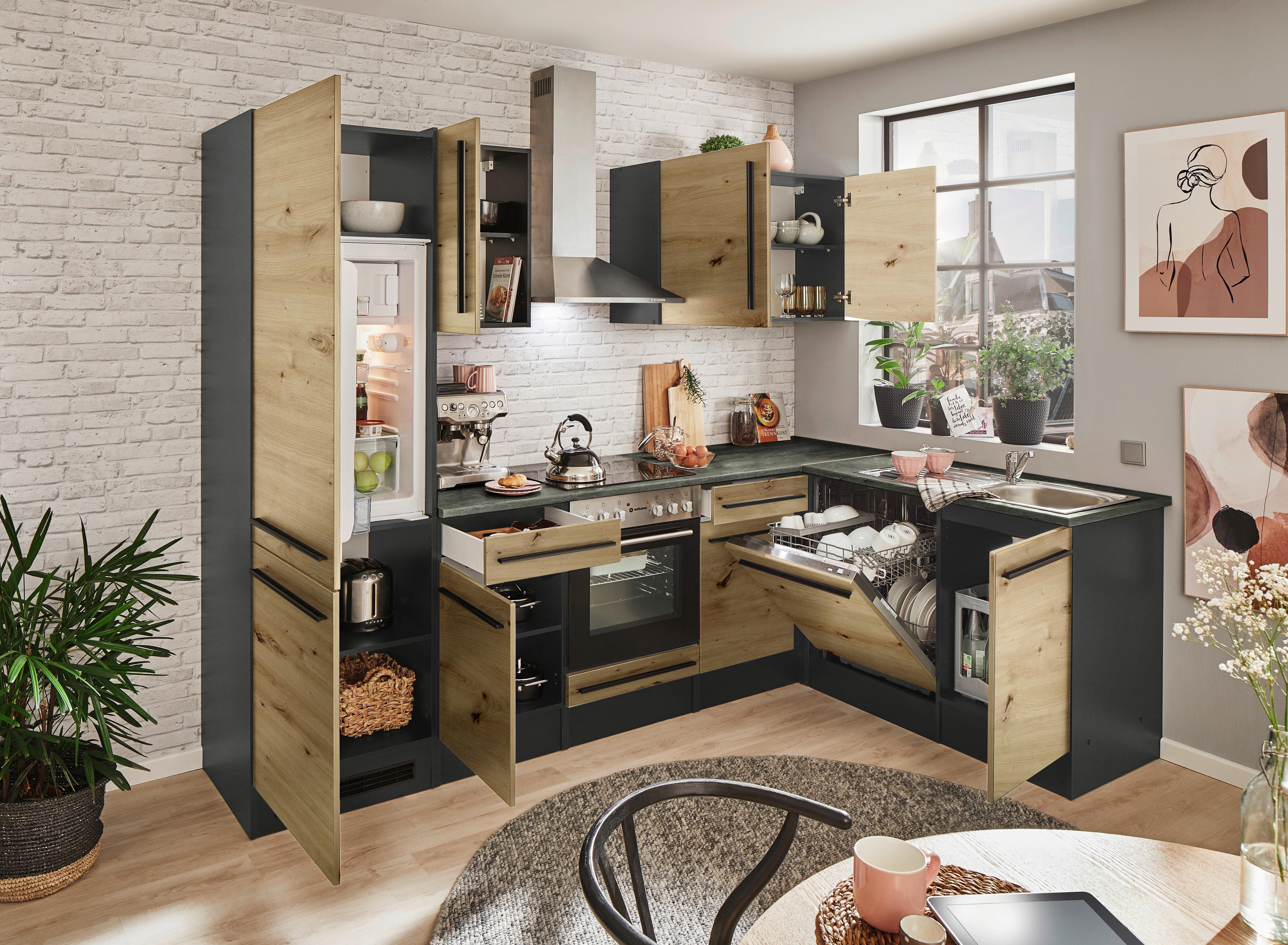 Eckküche Jazz 8 mit Geräten 280x175 Anthrazit/Eiche Dekor - Anthrazit/Eiche Artisan, LIFESTYLE, Holzwerkstoff (280/175cm) - MID.YOU