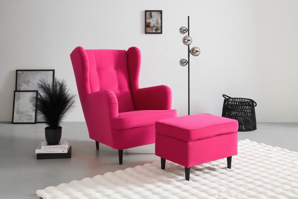 Taburetka OSKAR, ružový velúr - čierna/pink, drevo/kompozitné drevo (63/43/42cm) - Mömax