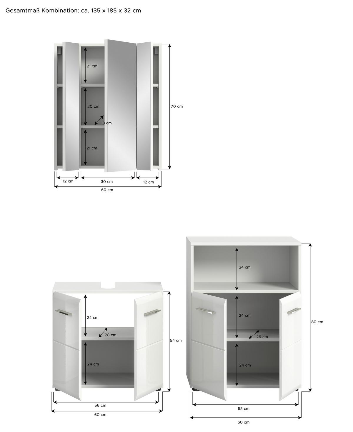 Badezimmer Ice Weiß Hg B: 120 cm - Weiß Hochglanz/Schwarz, MODERN, Glas/Holzwerkstoff (120cm) - MID.YOU