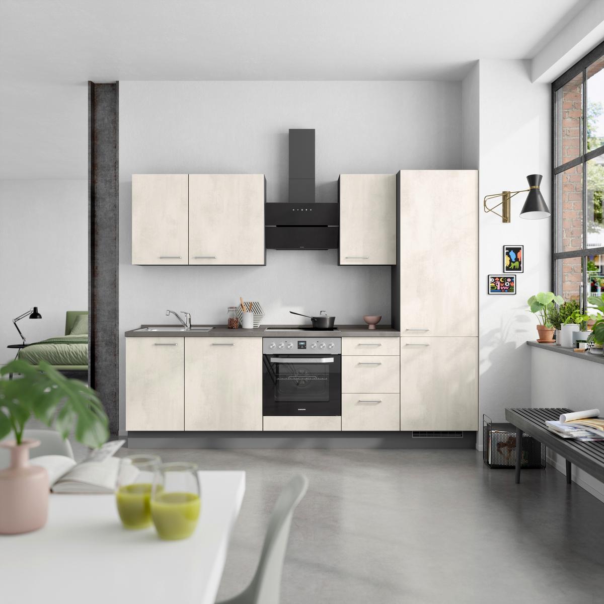 Kuchynská linka 270CM biely betón/ bridlicová šedá - biela/farba ušľachtilej ocele, Modern, kov/kompozitné drevo (270cm) - Nobilia