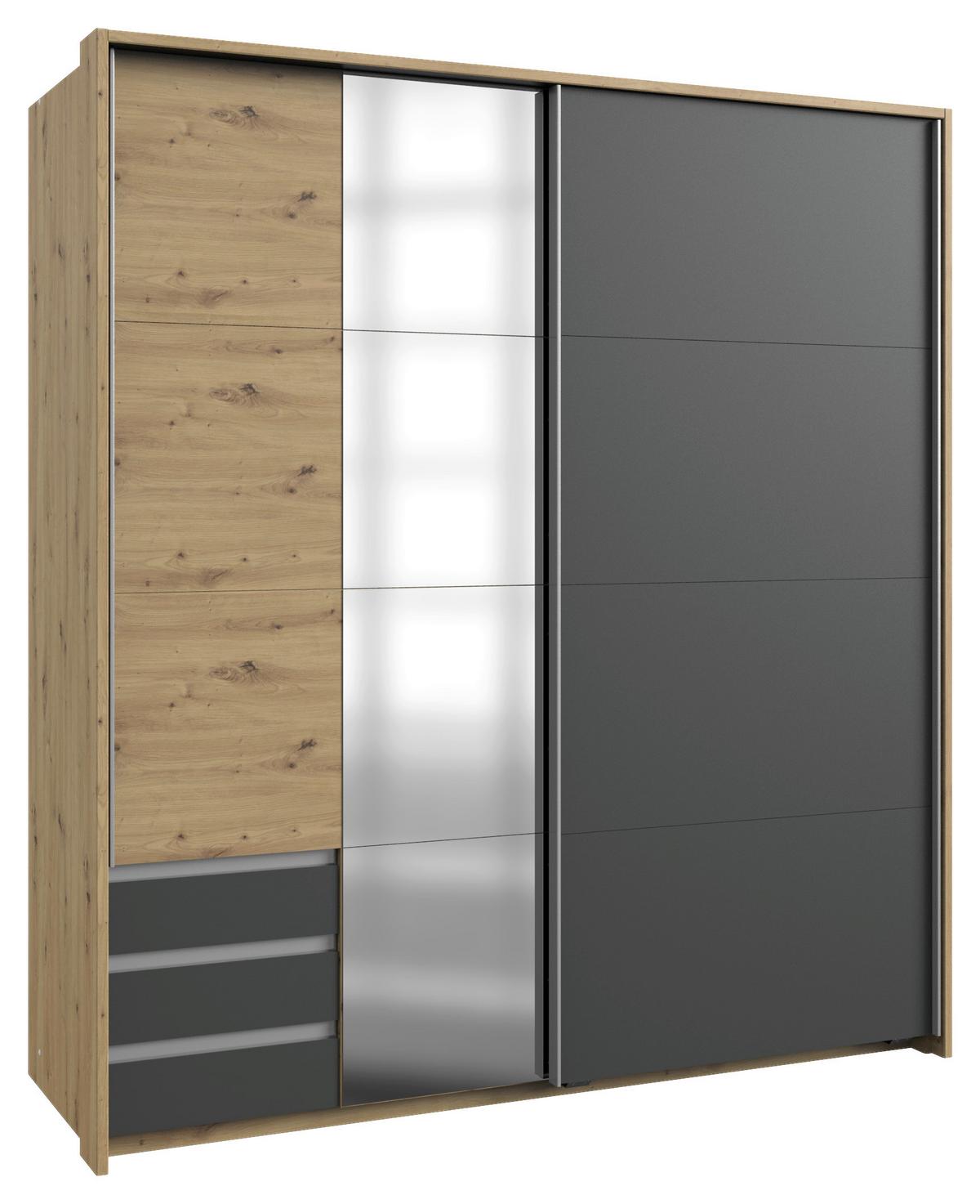 Schwebetürenschrank Mit Glas + Laden 179cm Aurich, Graphit - Eichefarben/Graphitfarben, Basics, Holzwerkstoff (179/198/64cm) - Livetastic