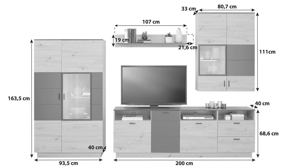Wohnkombination Modern 4 -Teilig. Tonale 5, Eiche Dekor/Grau - MODERN (293,5/207,6/40cm)