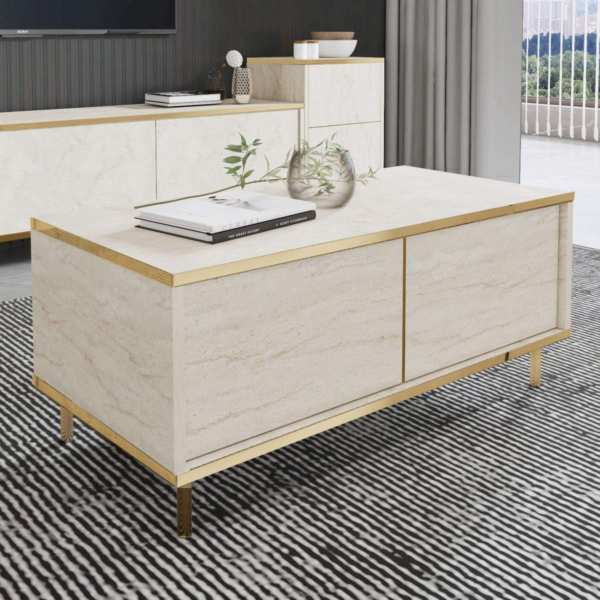 Couchtisch Imaj Goldfarben/beige B: 90 Cm - Beige/Goldfarben, Design, Holzwerkstoff/Metall (90/45/40cm) - Livetastic