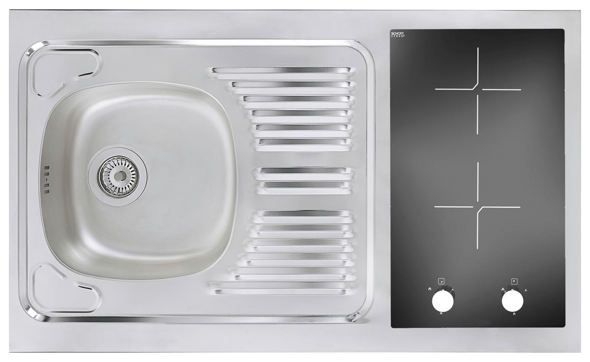 Miniküche mit Kühlschrank + Kochfeld 100 cm Weiß/Eiche - Edelstahlfarben/Eichefarben, MODERN, Holzwerkstoff/Metall (100cm) - Respekta