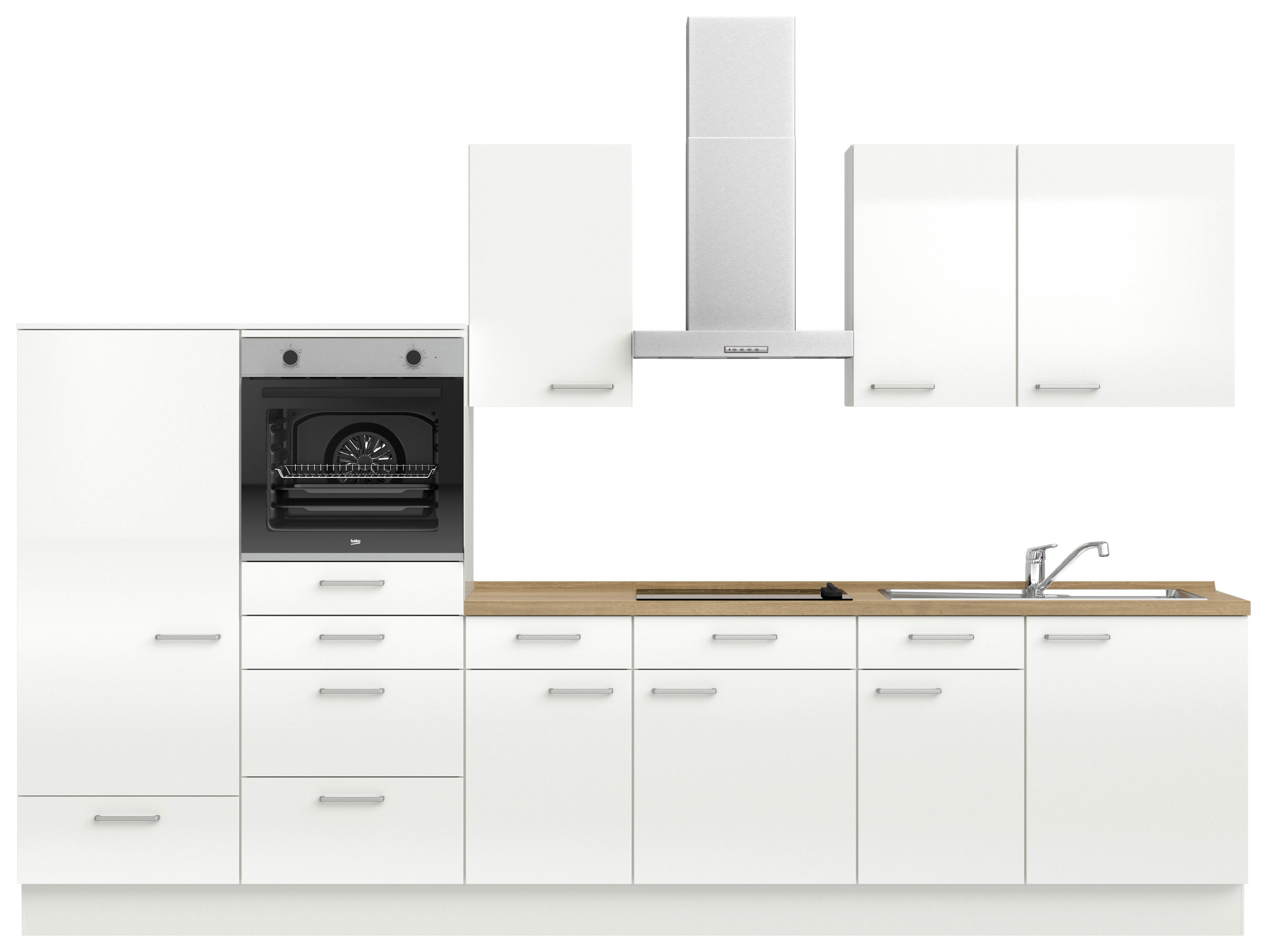 Kuchyňská linka 330 cm, alpská bílá vysoký lesk - barvy dubu/vysoce lesklá bílá, Moderní, kov/kompozitní dřevo (330cm) - Nobilia
