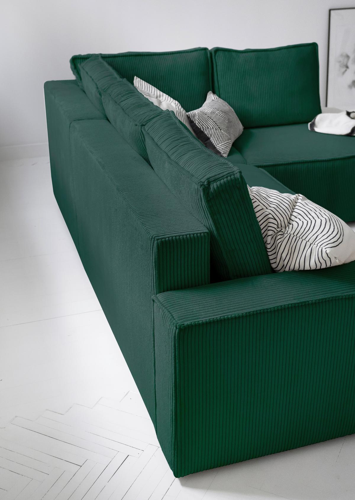 Sedačka OLIVER, pravá, tmavozelená farba - čierna/tmavozelená, Design, textil/plast (247/194cm) - MID.YOU