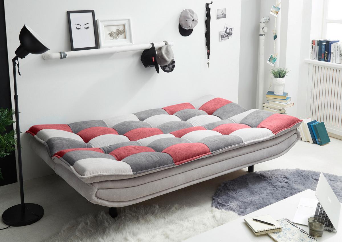 2-Sitzer-Sofa mit Schlaffunkt. + Bettkasten Patch Grau/Beere - Beere/Dunkelgrau, Basics, Holzwerkstoff/Textil (188/90/89cm) - MID.YOU