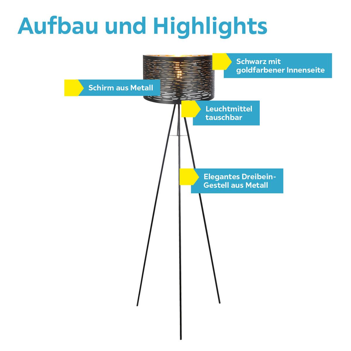 Stehlampe Tunno Schwarz/gold, Dreibeinig - Goldfarben/Schwarz, Design, Kunststoff/Metall (69/153cm) - Globo