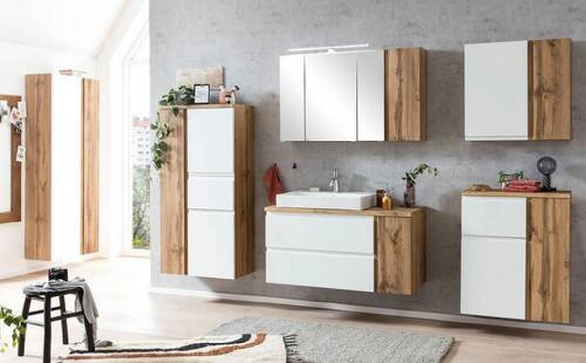 Badezimmer Hochschrank Varese BxH 65x180 cm Weiß/Eiche Dekor - Eiche Wotan/Weiß, MODERN, Holzwerkstoff (65/180/35cm) - Held