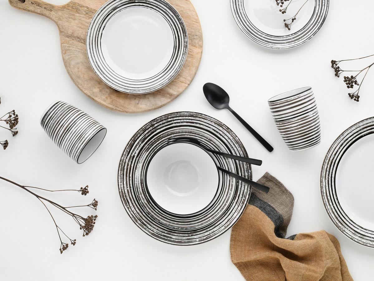 Kombiservice Gomera Keramik 4 Personen Geschirr Set - Schwarz/Weiß, Basics, Keramik - Creatable